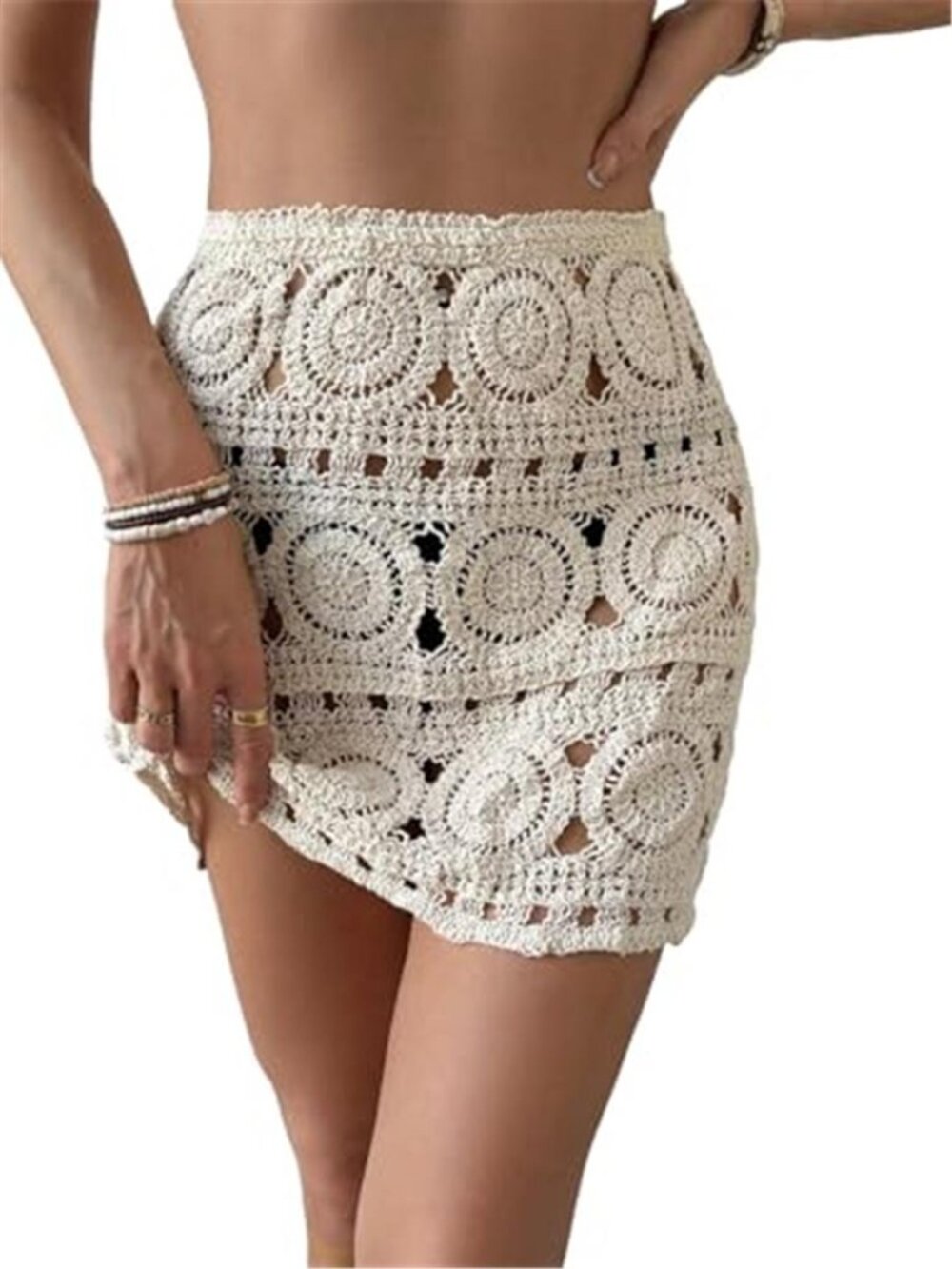 WDIRARA Beige Crochet Knit Sheer Mini Beach Cover Up Skirt High Waisted